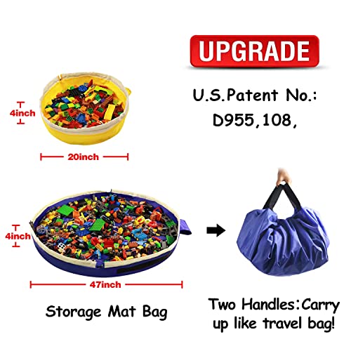 Toy Storage Mat Bag by Drawstring for Lego - Play Mat Bag Toy Storage Container for Kids with Cap can as Gift（2Pcs = Big Blue + Mini Yellow）