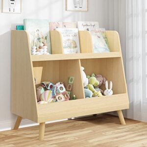 curipeer kids bookshelf and toy organizer, 5 cubbies wooden open bookcase, 2-tier baby storage display organizer with legs, free standing bookshelf for playing room, nursery, natural wood color