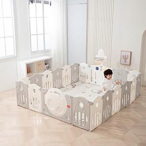 Space playpen:18 Panel Infants Toddler Safety Kids Playpen Activity Center Play Yard W/Lock Door and Basketball Hoop and Large Mat (Gray +White)