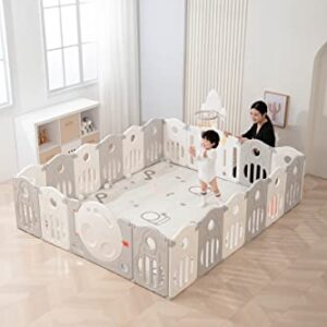 Space playpen:18 Panel Infants Toddler Safety Kids Playpen Activity Center Play Yard W/Lock Door and Basketball Hoop and Large Mat (Gray +White)