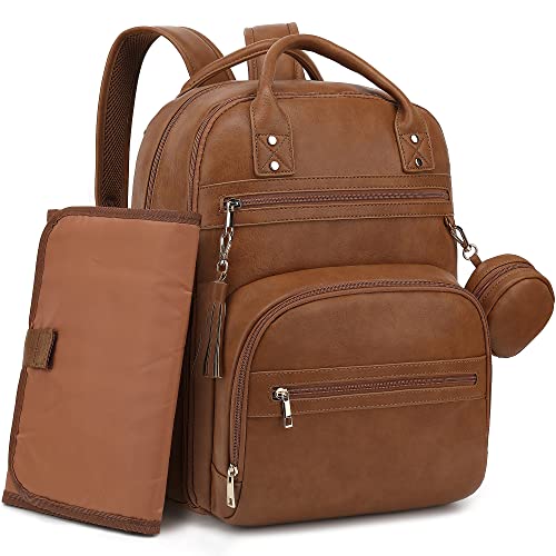 ROSEGIN Vegan Leather Diaper Bag Backpack with Changing Pad and Pacifier Holder, Multi-Functional Baby Bag for Boy Girl, Waterproof for Travel, Perfect Baby Shower Gifts for Mom, Dad, Newborn, Brown