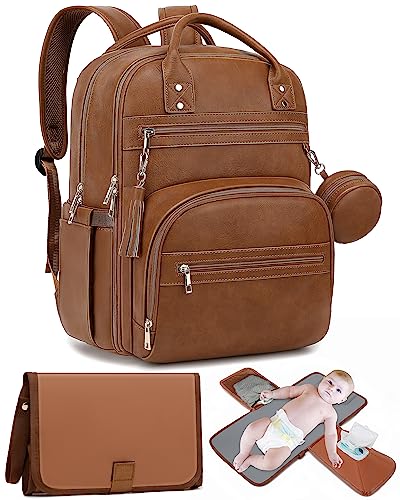 ROSEGIN Vegan Leather Diaper Bag Backpack with Changing Pad and Pacifier Holder, Multi-Functional Baby Bag for Boy Girl, Waterproof for Travel, Perfect Baby Shower Gifts for Mom, Dad, Newborn, Brown