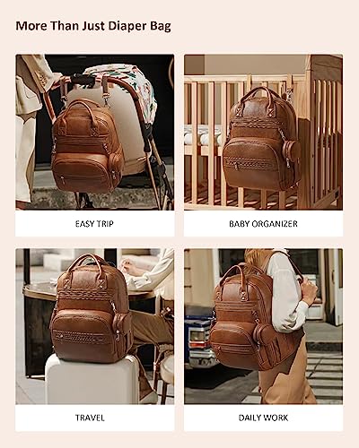 ROSEGIN Vegan Leather Diaper Bag Backpack with Changing Pad and Pacifier Holder, Multi-Functional Baby Bag for Boy Girl, Waterproof for Travel, Perfect Baby Shower Gifts for Mom, Dad, Newborn, Brown