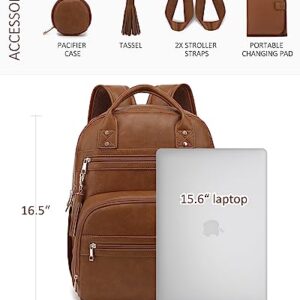 ROSEGIN Vegan Leather Diaper Bag Backpack with Changing Pad and Pacifier Holder, Multi-Functional Baby Bag for Boy Girl, Waterproof for Travel, Perfect Baby Shower Gifts for Mom, Dad, Newborn, Brown