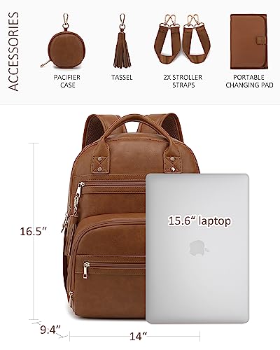 ROSEGIN Vegan Leather Diaper Bag Backpack with Changing Pad and Pacifier Holder, Multi-Functional Baby Bag for Boy Girl, Waterproof for Travel, Perfect Baby Shower Gifts for Mom, Dad, Newborn, Brown