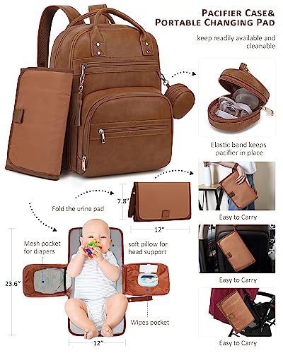 ROSEGIN Vegan Leather Diaper Bag Backpack with Changing Pad and Pacifier Holder, Multi-Functional Baby Bag for Boy Girl, Waterproof for Travel, Perfect Baby Shower Gifts for Mom, Dad, Newborn, Brown