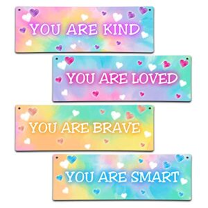isovf 4 pieces tie dye decor kids room wall decor wooden sign - motivational wall art for kids room nursery playroom classroom - you are loved you are brave you are kind you are smart(sign-04)