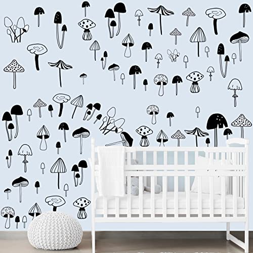 96 Pcs Mushroom Wall Stickers Cute Mushroom Wall Decals Black Removable Peel and Stick Wall Sticker for Kids Nursery Bedroom Room School Classroom Decor