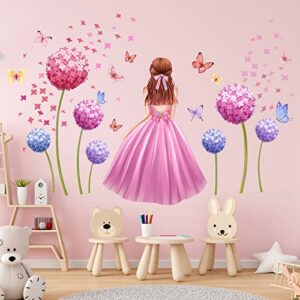 pink flower wall sticker butterfly fairy girl wall decals diy purple princess wall stickers removable dandelion floral wall decals waterproof wall mural for kids nursery bedroom