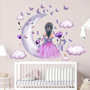 Baby Girl Wall Decals Purple Flower Butterfly Wall Sticker Moon Cloud Wall Decal Colorful Butterflies Wall Stickers Princess Room Decor for Girls Nursery Bedroom Playroom
