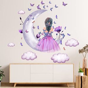 Baby Girl Wall Decals Purple Flower Butterfly Wall Sticker Moon Cloud Wall Decal Colorful Butterflies Wall Stickers Princess Room Decor for Girls Nursery Bedroom Playroom