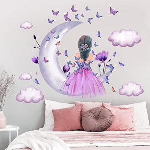 Baby Girl Wall Decals Purple Flower Butterfly Wall Sticker Moon Cloud Wall Decal Colorful Butterflies Wall Stickers Princess Room Decor for Girls Nursery Bedroom Playroom