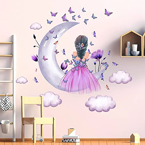 Baby Girl Wall Decals Purple Flower Butterfly Wall Sticker Moon Cloud Wall Decal Colorful Butterflies Wall Stickers Princess Room Decor for Girls Nursery Bedroom Playroom