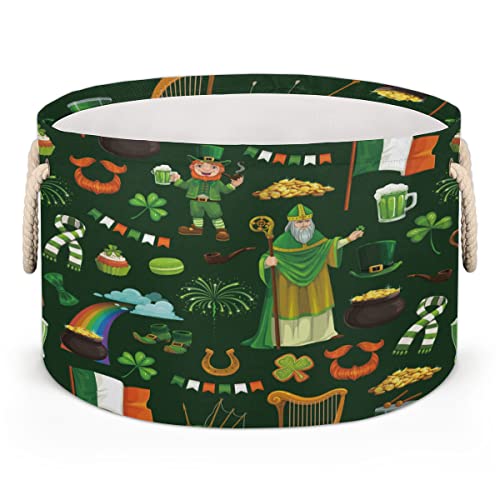 St. Patricks Day Rainbow Large Round Baskets for Storage Laundry Baskets with Handles Blanket Storage Basket for Bathroom Shelves Bins for Organizing Nursery Hamper Girl Boy