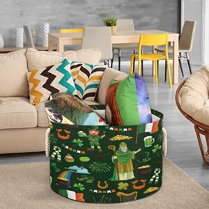 St. Patricks Day Rainbow Large Round Baskets for Storage Laundry Baskets with Handles Blanket Storage Basket for Bathroom Shelves Bins for Organizing Nursery Hamper Girl Boy