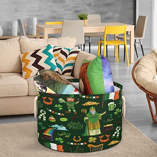 St. Patricks Day Rainbow Large Round Baskets for Storage Laundry Baskets with Handles Blanket Storage Basket for Bathroom Shelves Bins for Organizing Nursery Hamper Girl Boy