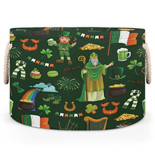 St. Patricks Day Rainbow Large Round Baskets for Storage Laundry Baskets with Handles Blanket Storage Basket for Bathroom Shelves Bins for Organizing Nursery Hamper Girl Boy