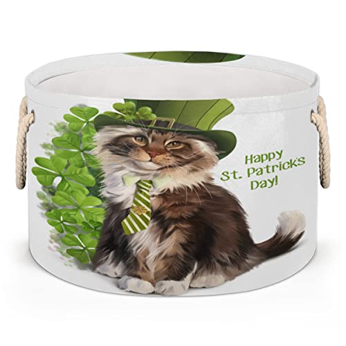 Cat Leprechaun Watercolor Large Round Baskets for Storage Laundry Baskets with Handles Blanket Storage Basket for Bathroom Shelves Bins for Organizing Nursery Hamper Girl Boy