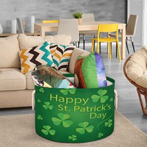 St. Patrick's Day Green Clover Leaves (3) Large Round Baskets for Storage Laundry Baskets with Handles Blanket Storage Basket for Bathroom Shelves Bins for Organizing Nursery Hamper Girl Boy