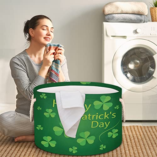 St. Patrick's Day Green Clover Leaves (3) Large Round Baskets for Storage Laundry Baskets with Handles Blanket Storage Basket for Bathroom Shelves Bins for Organizing Nursery Hamper Girl Boy