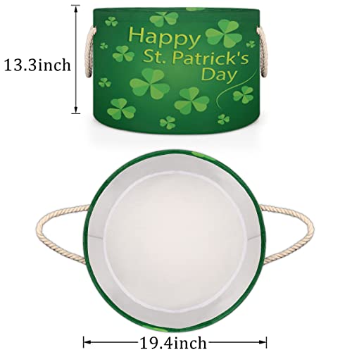 St. Patrick's Day Green Clover Leaves (3) Large Round Baskets for Storage Laundry Baskets with Handles Blanket Storage Basket for Bathroom Shelves Bins for Organizing Nursery Hamper Girl Boy