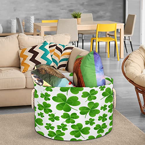 St. Patrick's Day Green Clover Leaves Large Round Baskets for Storage Laundry Baskets with Handles Blanket Storage Basket for Bathroom Shelves Bins for Organizing Nursery Hamper Girl Boy