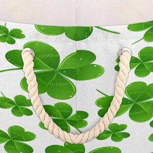 St. Patrick's Day Green Clover Leaves Large Round Baskets for Storage Laundry Baskets with Handles Blanket Storage Basket for Bathroom Shelves Bins for Organizing Nursery Hamper Girl Boy