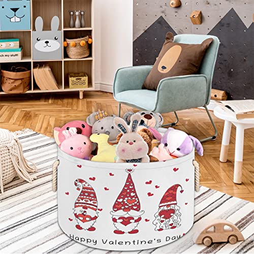 Valentine Cute Gnomes Love Heart (15) Large Round Baskets for Storage Laundry Baskets with Handles Blanket Storage Basket for Bathroom Shelves Bins for Organizing Nursery Hamper Girl Boy