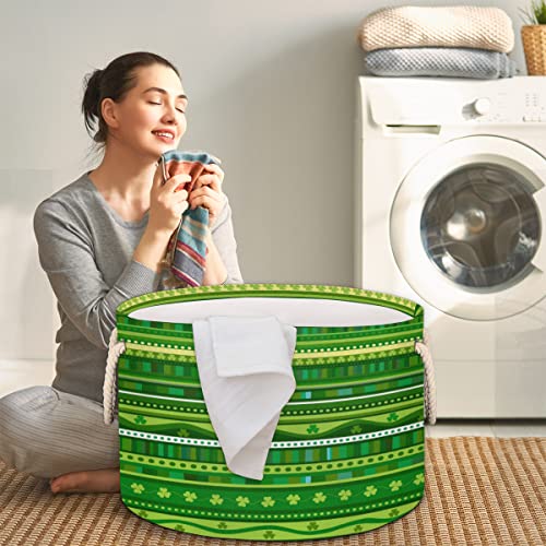 St. Patrick's Day Green Colors Pattern Large Round Baskets for Storage Laundry Baskets with Handles Blanket Storage Basket for Bathroom Shelves Bins for Organizing Nursery Hamper Girl Boy