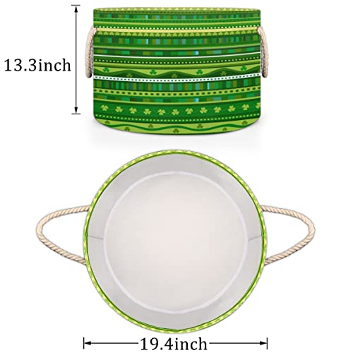 St. Patrick's Day Green Colors Pattern Large Round Baskets for Storage Laundry Baskets with Handles Blanket Storage Basket for Bathroom Shelves Bins for Organizing Nursery Hamper Girl Boy