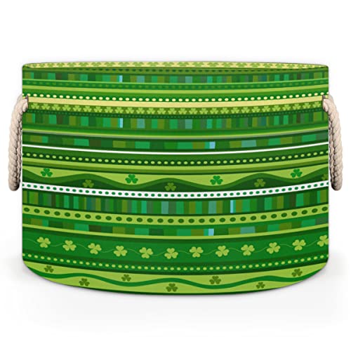 St. Patrick's Day Green Colors Pattern Large Round Baskets for Storage Laundry Baskets with Handles Blanket Storage Basket for Bathroom Shelves Bins for Organizing Nursery Hamper Girl Boy