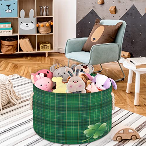 Saint Patricks Day Tartan Cloverleaf Large Round Baskets for Storage Laundry Baskets with Handles Blanket Storage Basket for Bathroom Shelves Bins for Organizing Nursery Hamper Girl Boy