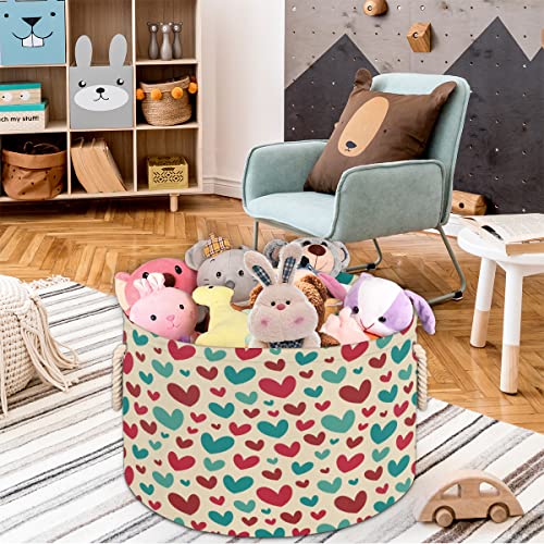 Cute Hearts Large Round Baskets for Storage Laundry Baskets with Handles Blanket Storage Basket for Bathroom Shelves Bins for Organizing Nursery Hamper Girl Boy