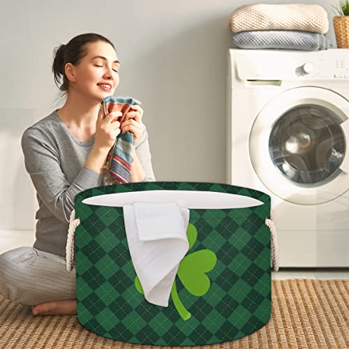 Green Clover Paid Background Large Round Baskets for Storage Laundry Baskets with Handles Blanket Storage Basket for Bathroom Shelves Bins for Organizing Nursery Hamper Girl Boy