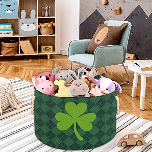 Green Clover Paid Background Large Round Baskets for Storage Laundry Baskets with Handles Blanket Storage Basket for Bathroom Shelves Bins for Organizing Nursery Hamper Girl Boy