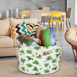 St. Patrick's Day Green Clover Leaves (06) Large Round Baskets for Storage Laundry Baskets with Handles Blanket Storage Basket for Bathroom Shelves Bins for Organizing Nursery Hamper Girl Boy