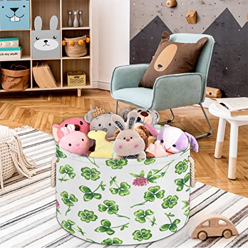 St. Patrick's Day Green Clover Leaves (06) Large Round Baskets for Storage Laundry Baskets with Handles Blanket Storage Basket for Bathroom Shelves Bins for Organizing Nursery Hamper Girl Boy