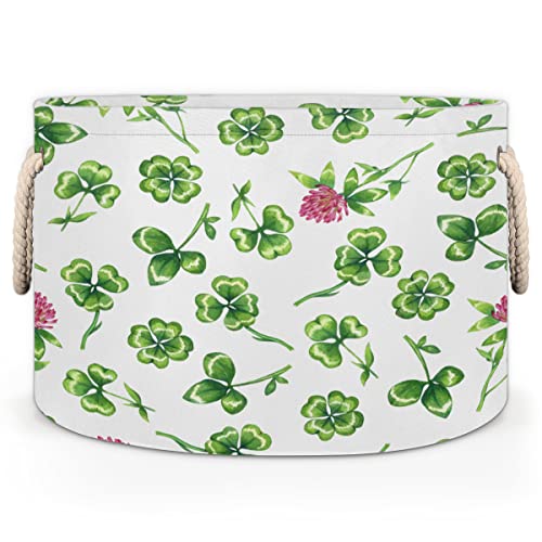 St. Patrick's Day Green Clover Leaves (06) Large Round Baskets for Storage Laundry Baskets with Handles Blanket Storage Basket for Bathroom Shelves Bins for Organizing Nursery Hamper Girl Boy