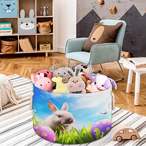Easter Bunny Rabbit Eggs (10) Large Round Baskets for Storage Laundry Baskets with Handles Blanket Storage Basket for Bathroom Shelves Bins for Organizing Nursery Hamper Girl Boy