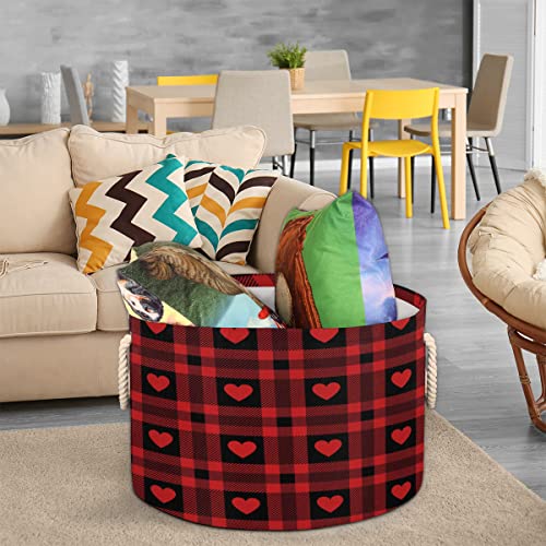 Red Love Heart Plaid Large Round Baskets for Storage Laundry Baskets with Handles Blanket Storage Basket for Bathroom Shelves Bins for Organizing Nursery Hamper Girl Boy