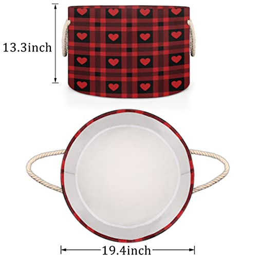 Red Love Heart Plaid Large Round Baskets for Storage Laundry Baskets with Handles Blanket Storage Basket for Bathroom Shelves Bins for Organizing Nursery Hamper Girl Boy