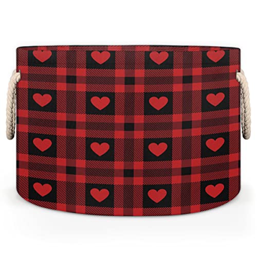 Red Love Heart Plaid Large Round Baskets for Storage Laundry Baskets with Handles Blanket Storage Basket for Bathroom Shelves Bins for Organizing Nursery Hamper Girl Boy