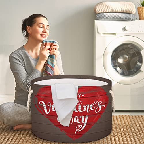 Valentine's Day Love Heart Shape Large Round Baskets for Storage Laundry Baskets with Handles Blanket Storage Basket for Bathroom Shelves Bins for Organizing Nursery Hamper Girl Boy