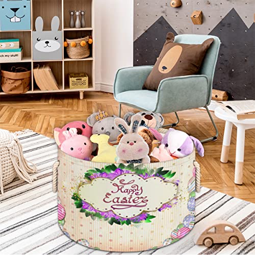 Happy Easter Greeting Card Eggs Large Round Baskets for Storage Laundry Baskets with Handles Blanket Storage Basket for Bathroom Shelves Bins for Organizing Nursery Hamper Girl Boy