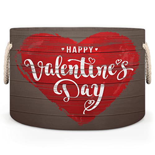 Valentine's Day Love Heart Shape Large Round Baskets for Storage Laundry Baskets with Handles Blanket Storage Basket for Bathroom Shelves Bins for Organizing Nursery Hamper Girl Boy