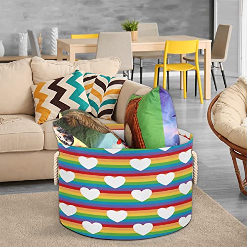 Colorful Rainbow Heart Large Round Baskets for Storage Laundry Baskets with Handles Blanket Storage Basket for Bathroom Shelves Bins for Organizing Nursery Hamper Girl Boy