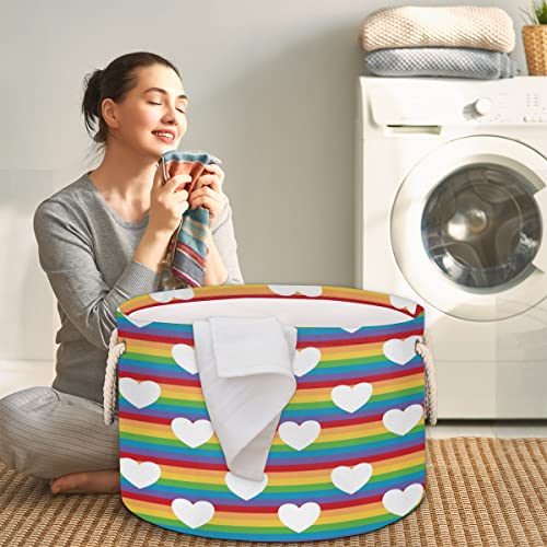 Colorful Rainbow Heart Large Round Baskets for Storage Laundry Baskets with Handles Blanket Storage Basket for Bathroom Shelves Bins for Organizing Nursery Hamper Girl Boy