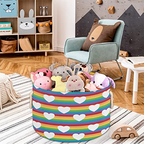 Colorful Rainbow Heart Large Round Baskets for Storage Laundry Baskets with Handles Blanket Storage Basket for Bathroom Shelves Bins for Organizing Nursery Hamper Girl Boy