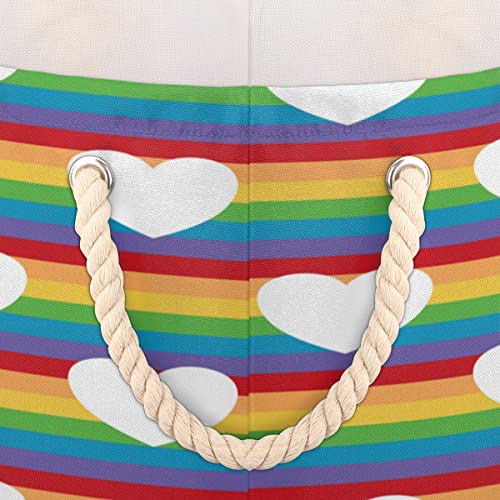 Colorful Rainbow Heart Large Round Baskets for Storage Laundry Baskets with Handles Blanket Storage Basket for Bathroom Shelves Bins for Organizing Nursery Hamper Girl Boy