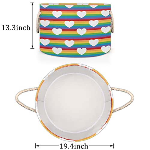 Colorful Rainbow Heart Large Round Baskets for Storage Laundry Baskets with Handles Blanket Storage Basket for Bathroom Shelves Bins for Organizing Nursery Hamper Girl Boy